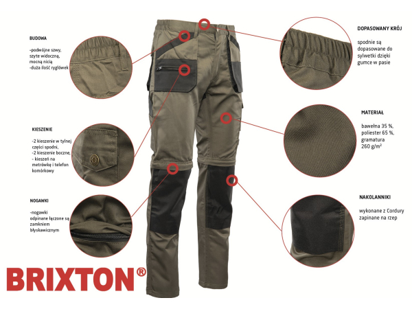 Brixton practical spodnie robocze 2w1 z odsuwanymi nogawkami khaki